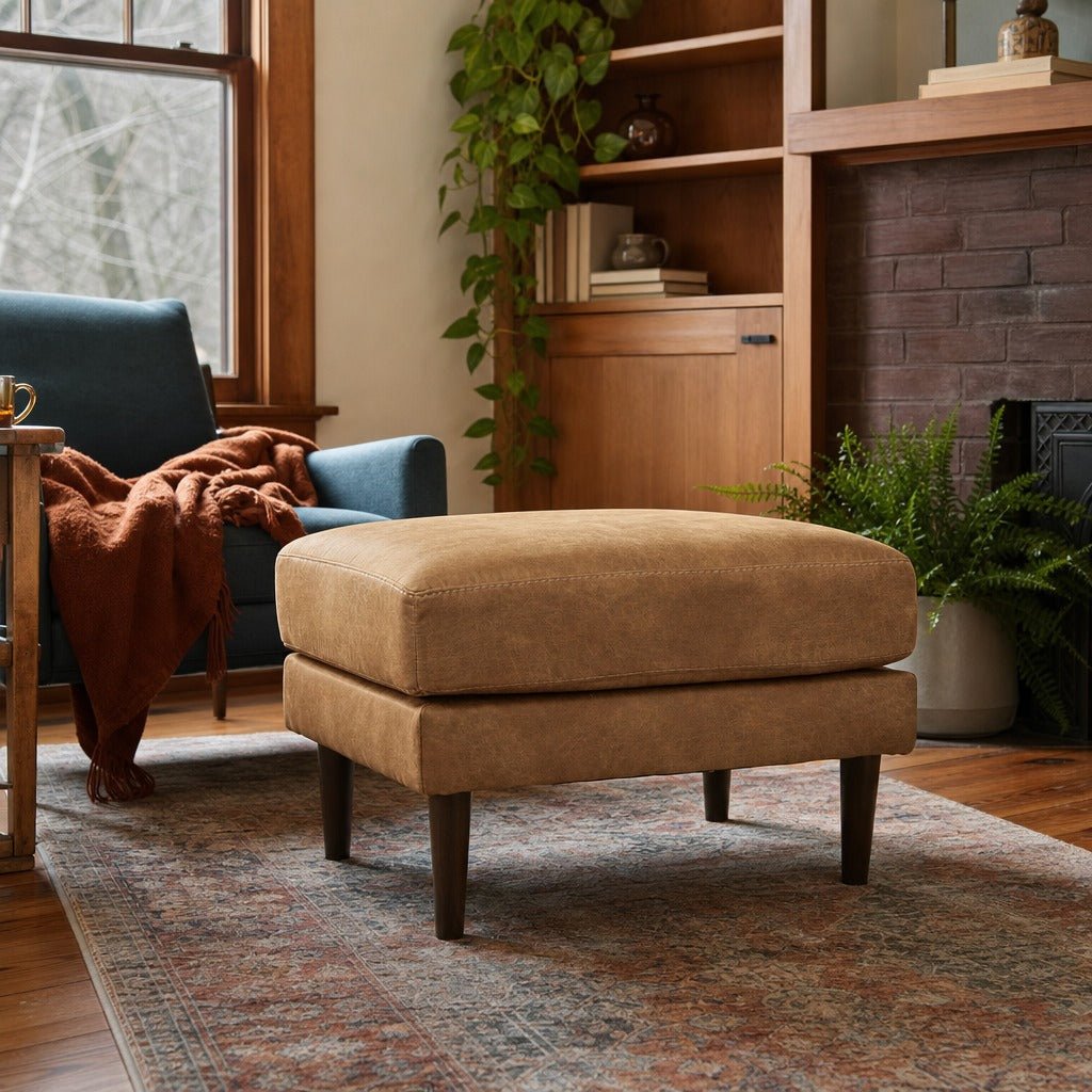 Telora Ottoman in Caramel styled in a Portland living room - Whats New Furniture
