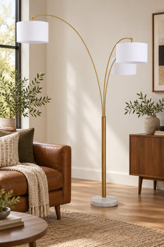 Valo Arc Lamp in Gold Finish styled in a Portland home — lifestyle view