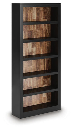 Wildenauer Bookcase angled view showing the satin black frame and wood back - Whats New Furniture Portland OR
