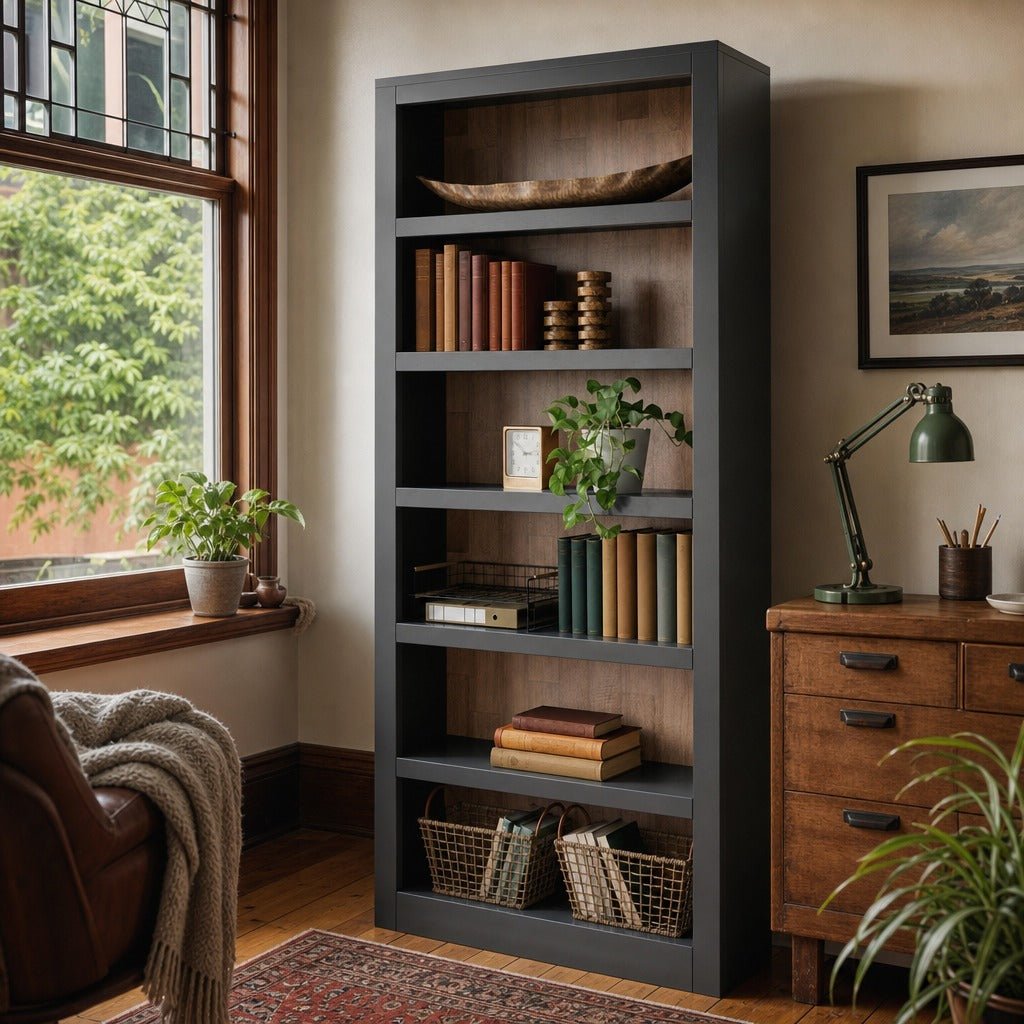 Wildenauer Bookcase in Brown/Black styled in a Portland home office - Whats New Furniture