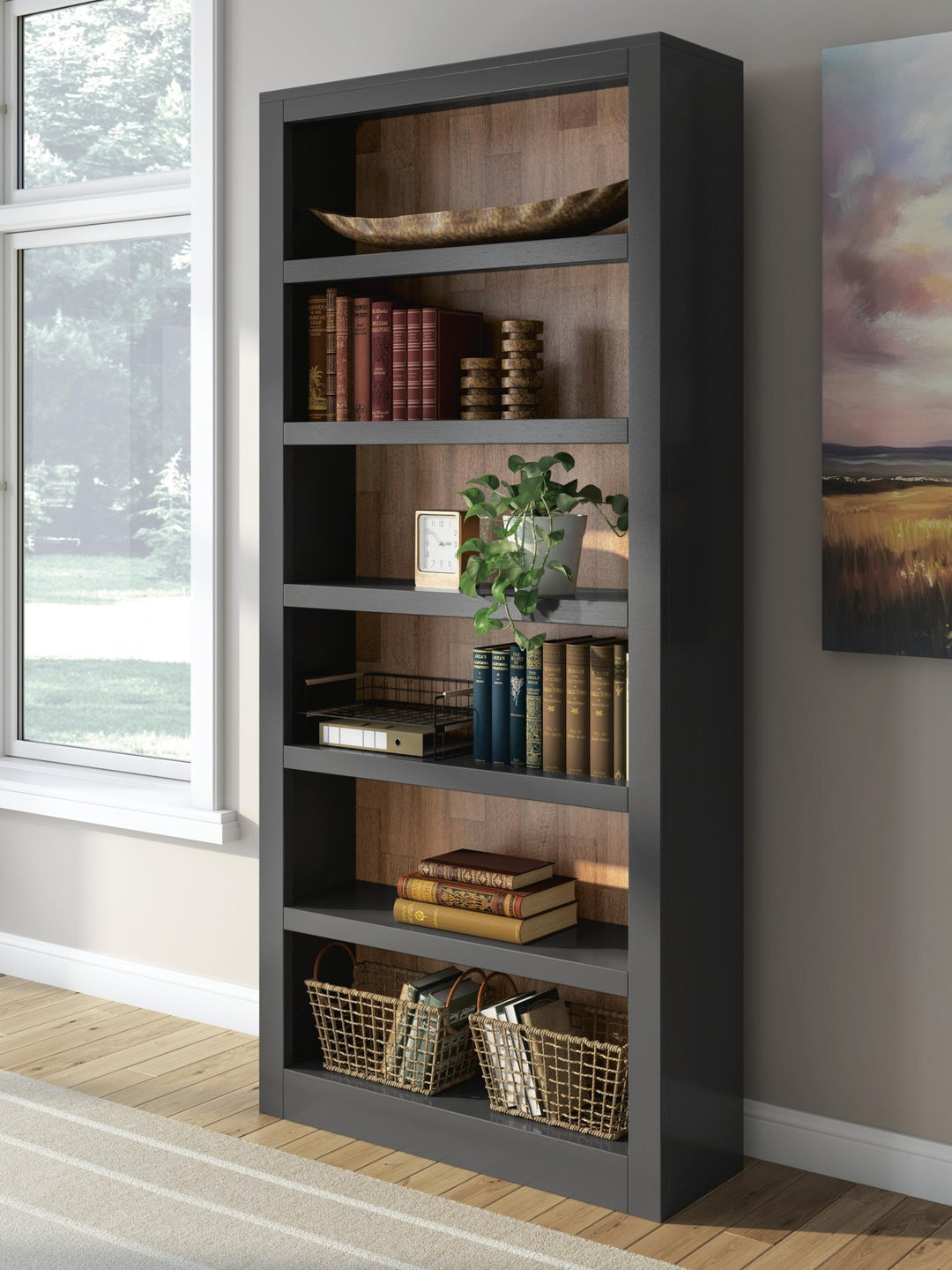 Wildenauer Bookcase in black with butcher block back front view - Ashley narrow bookcase - Whats New Furniture Portland OR
