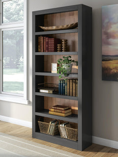 Wildenauer Bookcase in black with butcher block back front view - Ashley narrow bookcase - Whats New Furniture Portland OR