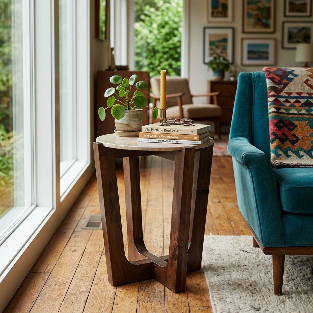 Tanidore End Table in Warm Brown room setting - round end table by Ashley - Whats New Furniture Portland OR