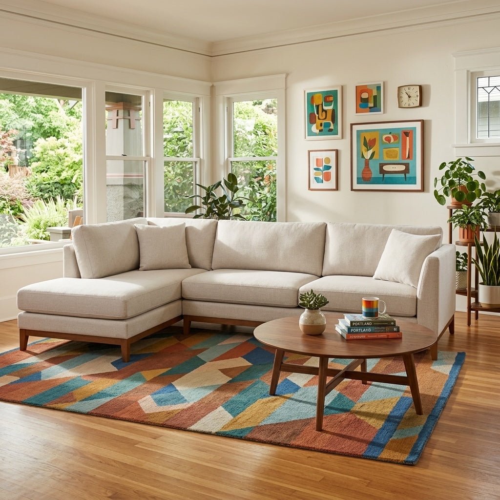 Aspen Open Chaise Sectional in Avenger Pumice lifestyle in Craftsman sun-room - open-chaise sectional sofa by Stanton - Whats New Furniture Portland OR