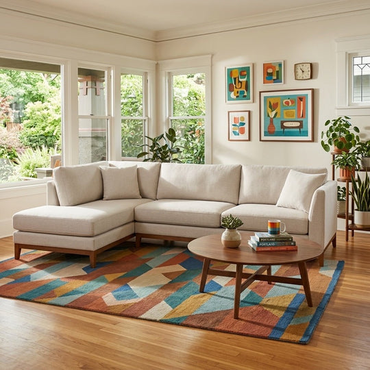 Aspen Open Chaise Sectional in Avenger Pumice lifestyle in Craftsman sun-room - open-chaise sectional sofa by Stanton - Whats New Furniture Portland OR