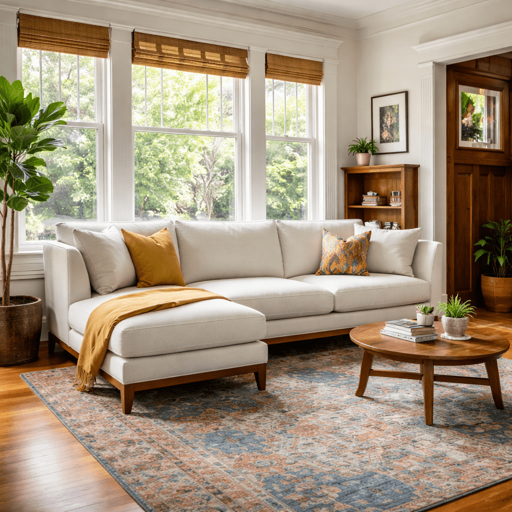 Aspen Open Chaise Sectional in Avenger Pumice lifestyle in mid-century living room - open-chaise sectional sofa by Stanton - Whats New Furniture Portland OR