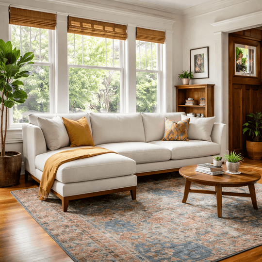 Aspen Open Chaise Sectional in Avenger Pumice lifestyle in mid-century living room - open-chaise sectional sofa by Stanton - Whats New Furniture Portland OR
