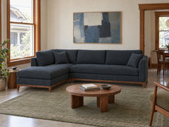 Aspen Open Chaise Sectional in Brisbane Indigo, left-hand chaise, styled in a Hawthorne duplex flat - Whats New Furniture Portland OR