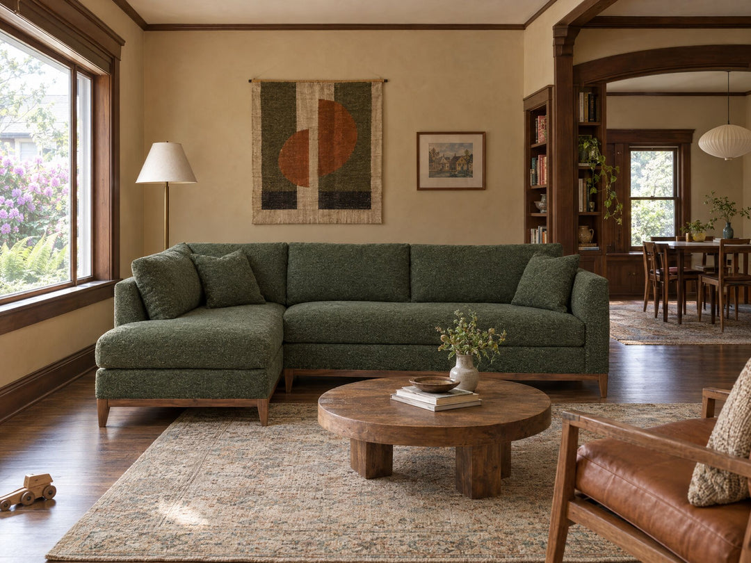 Aspen Open Chaise Sectional in Eureka Ireland, left-hand chaise, styled in a 1910 St. Johns bungalow - Whats New Furniture Portland OR