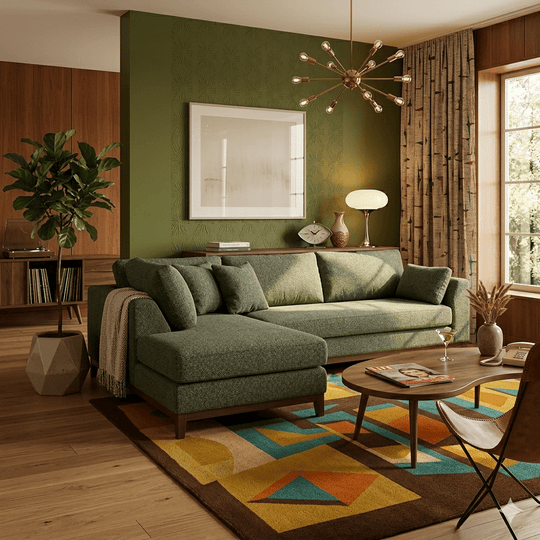 Aspen Open Chaise Sectional in Eureka Ireland lifestyle in olive-tone den - open-chaise sectional sofa by Stanton - Whats New Furniture Portland OR