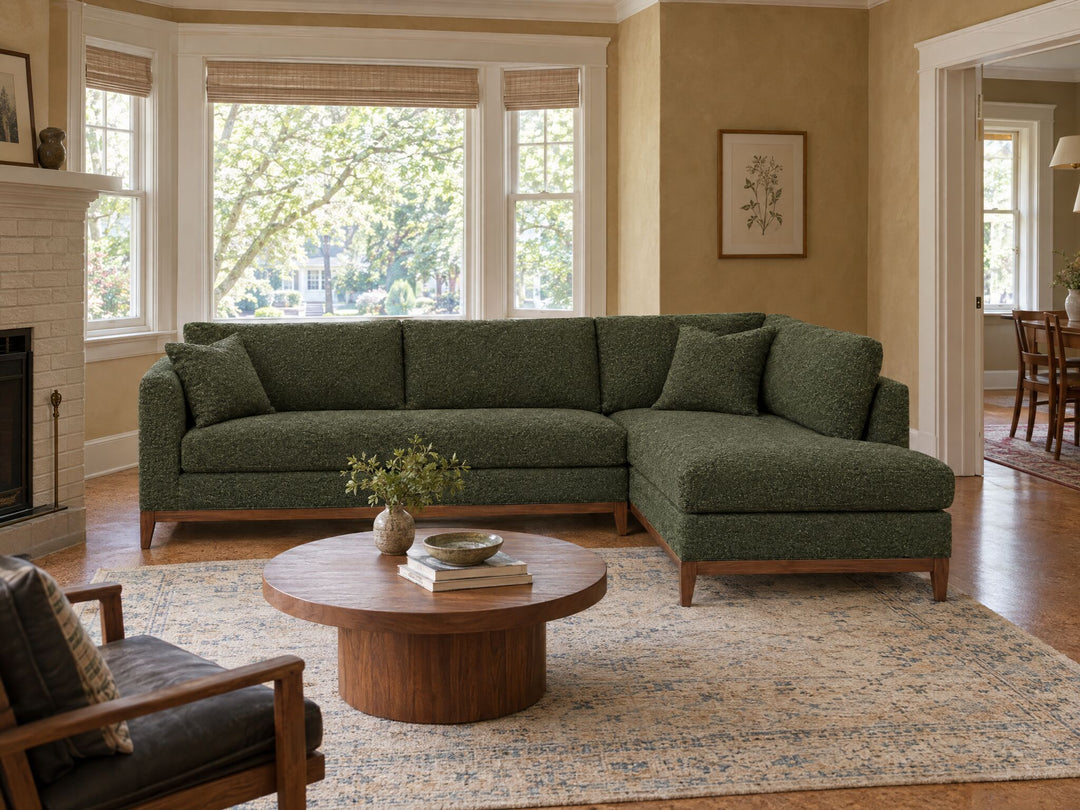 Aspen Open Chaise Sectional in Eureka Ireland, right-hand chaise, styled in a 1920s Laurelhurst Colonial living room - Whats New Furniture Portland OR