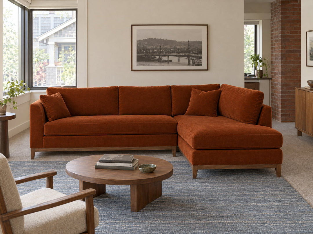 Aspen Open Chaise Sectional in Marquis Rust, right-hand chaise, styled in a Kerns townhouse - Whats New Furniture Portland OR