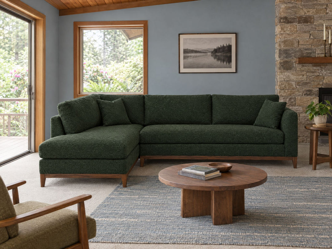 Aspen Open Chaise Sectional in Rio Spinach, left-hand chaise, styled in a 1970s Lake Oswego split-level - Whats New Furniture Portland OR