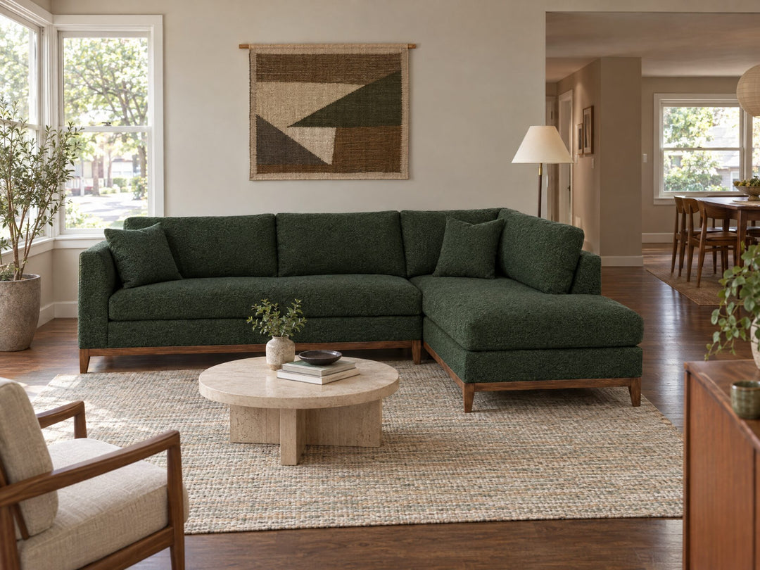 Aspen Open Chaise Sectional in Rio Spinach, right-hand chaise, styled in a Montavilla ranch - Whats New Furniture Portland OR