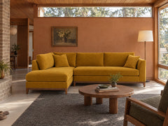 Aspen Open Chaise Sectional in Vintage Saffron, left-hand chaise, styled in a Mt. Tabor mid-century house - Whats New Furniture Portland OR