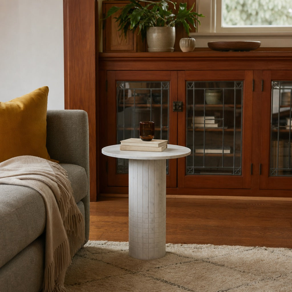 Astoria Round Genuine Marble Side End Table White styled in Portland Irvington foursquare with original built-ins living room - What&