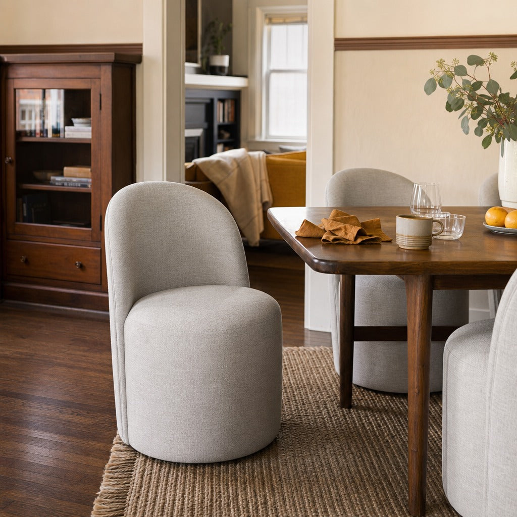 Aubrey Upholstered Barrel Dining Side Chair Beige Set Of 2 styled in Portland Irvington foursquare with original built-ins living room - What&