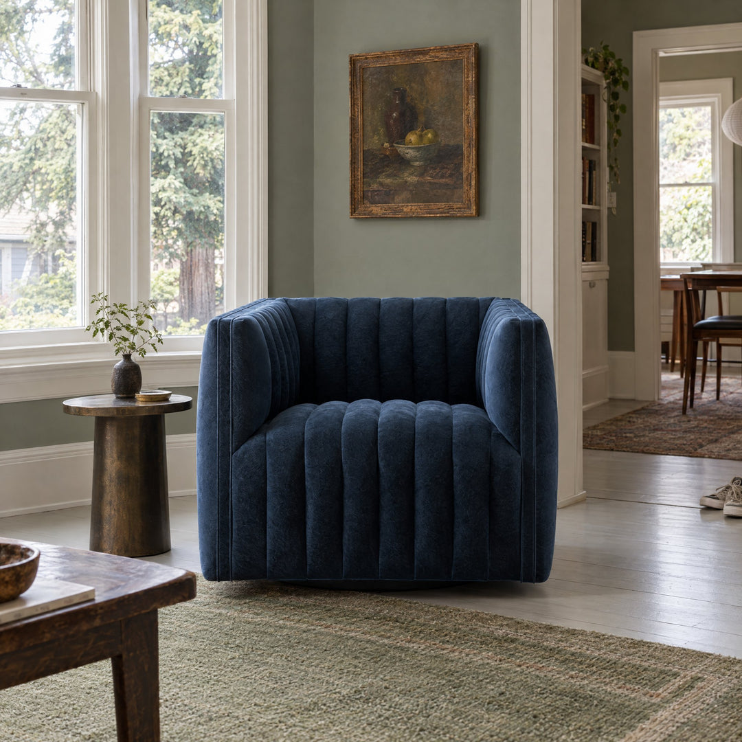 Augustine Swivel Chair in Sapphire Navy styled in a Portland home - Whats New Furniture