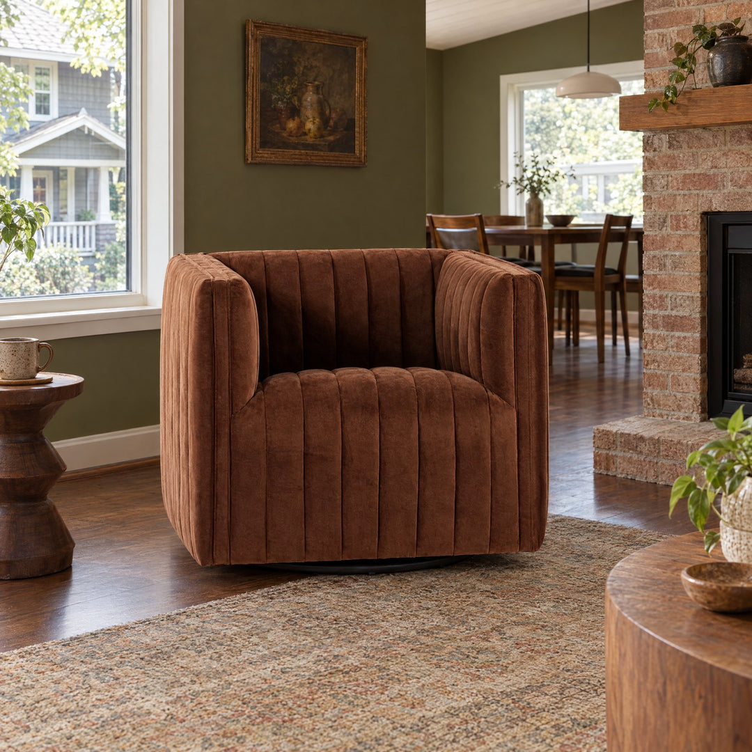 Augustine Swivel Chair in Surrey Auburn styled in a Portland home - Whats New Furniture