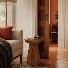 Aureo Round Solid Wood Accent Side Table Wild Honey styled in Portland Montavilla cottage living room - What&