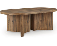 Austanny Coffee Table in Warm Brown side angle - oval rustic oak coffee table by Ashley - Whats New Furniture Portland OR