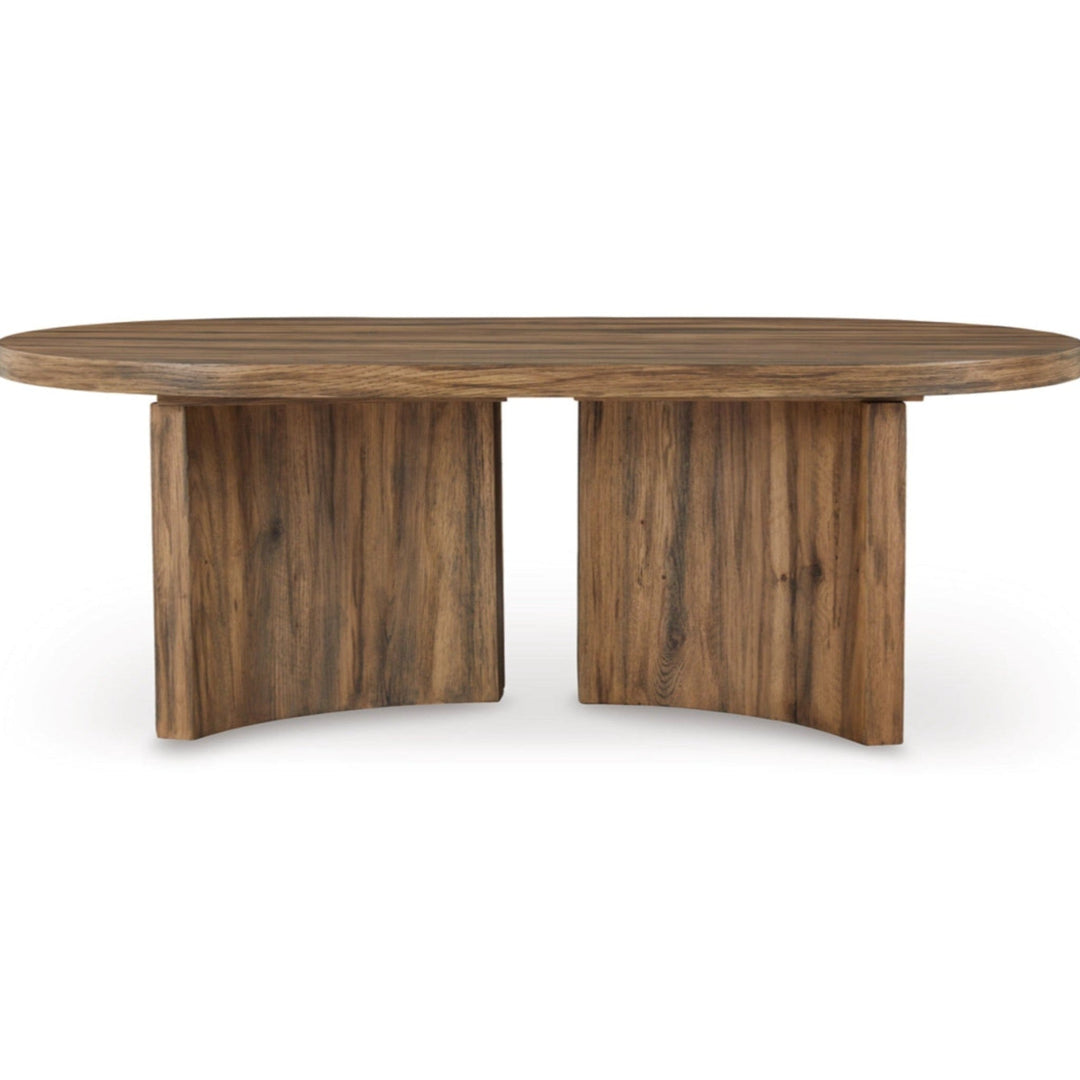 Austanny Coffee Table in Warm Brown - oval rustic oak coffee table by Ashley - Whats New Furniture Portland OR