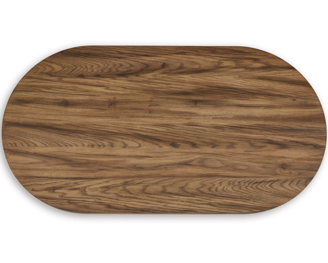 Austanny Coffee Table in Warm Brown top-down view - oval rustic oak coffee table by Ashley - Whats New Furniture Portland OR