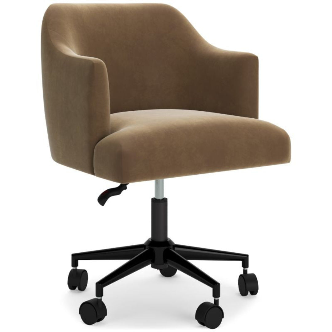 Austanny Desk Chair in warm brown side angle - swivel barrel-back desk chair by Ashley - Whats New Furniture Portland OR
