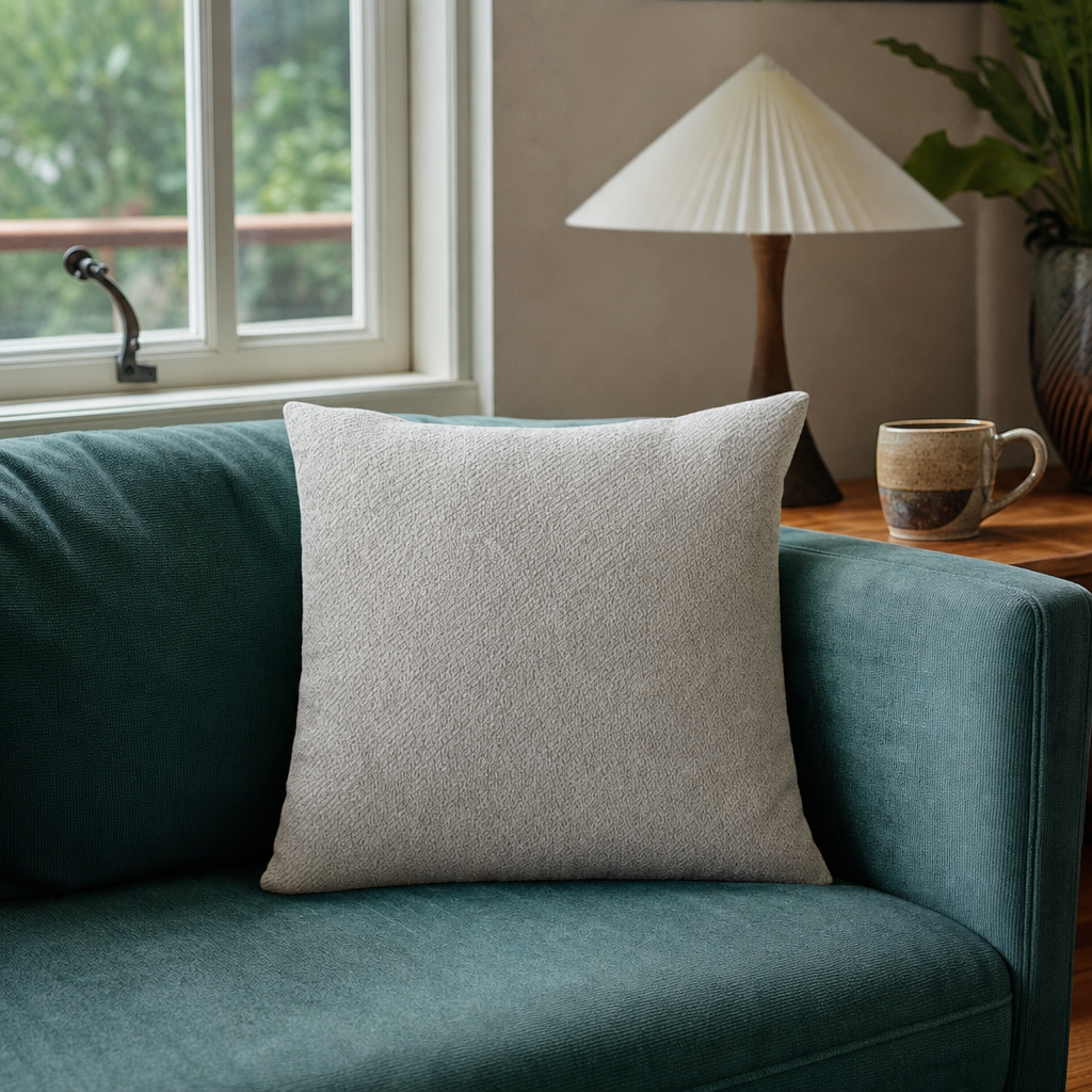 Ava Solid Square Pillow in Light Grey styled in Portland living room - Whats New Furniture