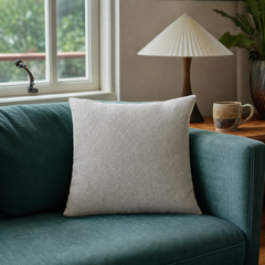 Ava Solid Square Pillow in Light Grey styled in Portland living room - Whats New Furniture