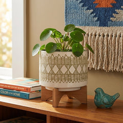 Aztec Planter On Wooden Stand in white &amp; olive side angle - ceramic planter on bamboo stand - Whats New Furniture Portland OR