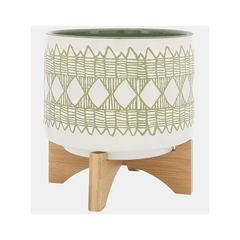 Aztec Planter On Wooden Stand in white &amp; olive - ceramic planter on bamboo stand - Whats New Furniture Portland OR