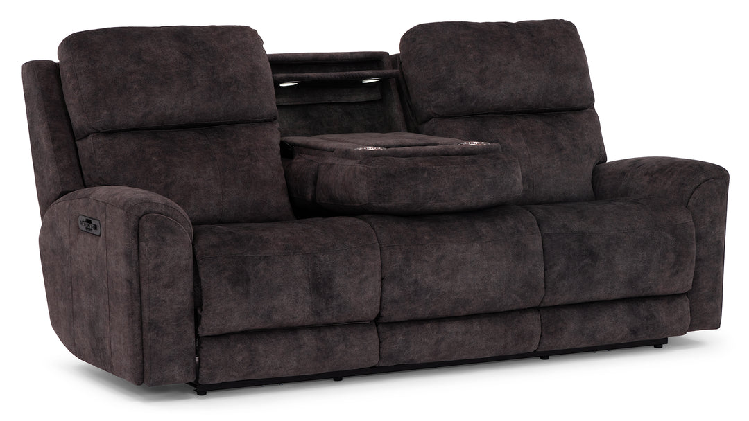 Bachelor reclining sofa front view — Oregon-made custom fabric sofa