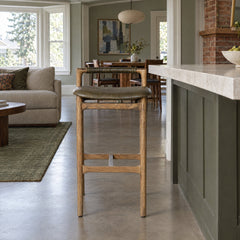 Baden Bar &amp; Counter Stool in Dulane Moss / Toasted Nettlewood / Bar styled in a Portland home - Whats New Furniture