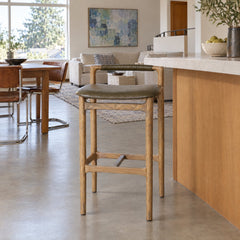 Baden Bar &amp; Counter Stool in Dulane Moss / Toasted Nettlewood / Counter styled in a Portland home - Whats New Furniture