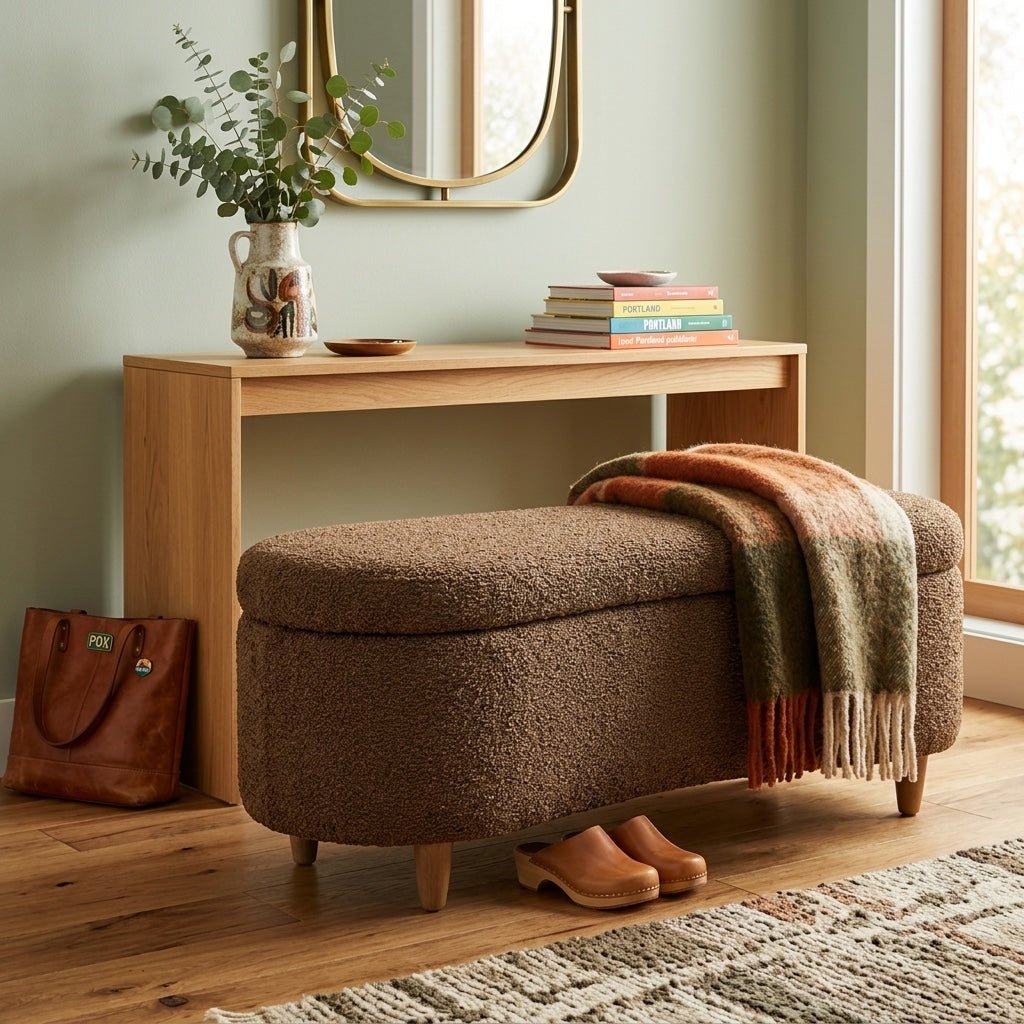 Bailey Storage Bench in chocolate corner detail - boucle storage bench by Olliix - Whats New Furniture Portland OR