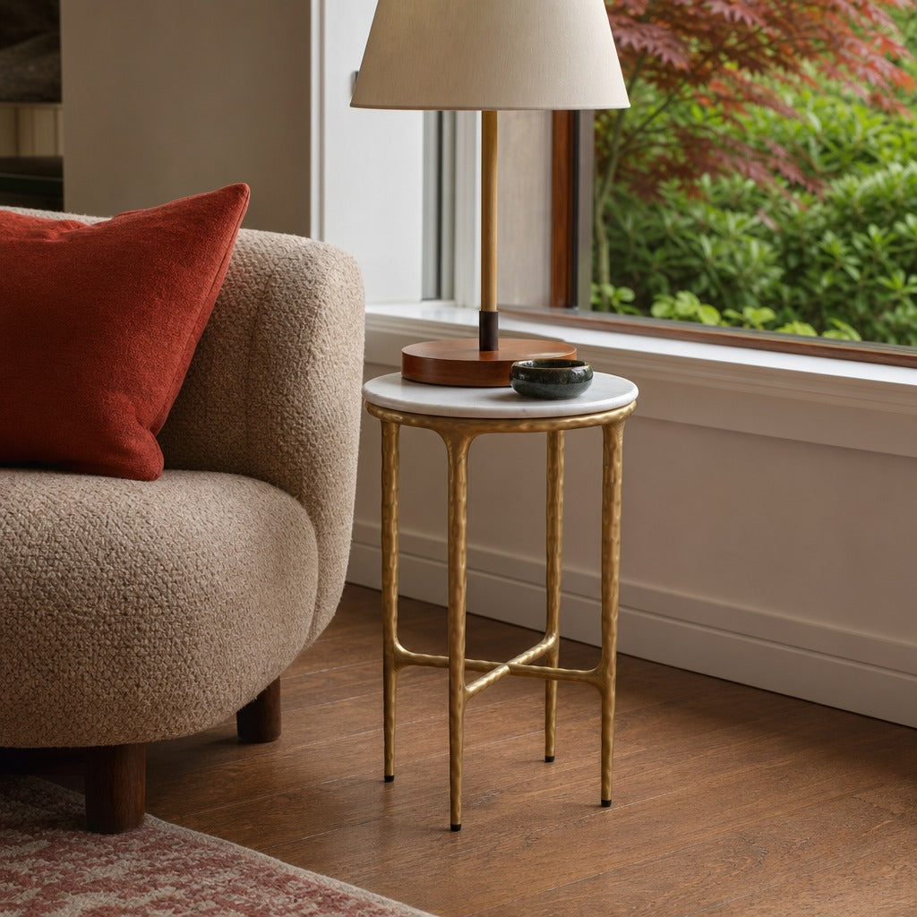 Baldwin Round Marble Top Side Table White And Gold styled in Portland AlbertArts foursquare living room - What&