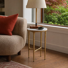 Baldwin Round Marble Top Side Table White And Gold styled in Portland AlbertArts foursquare living room - What&
