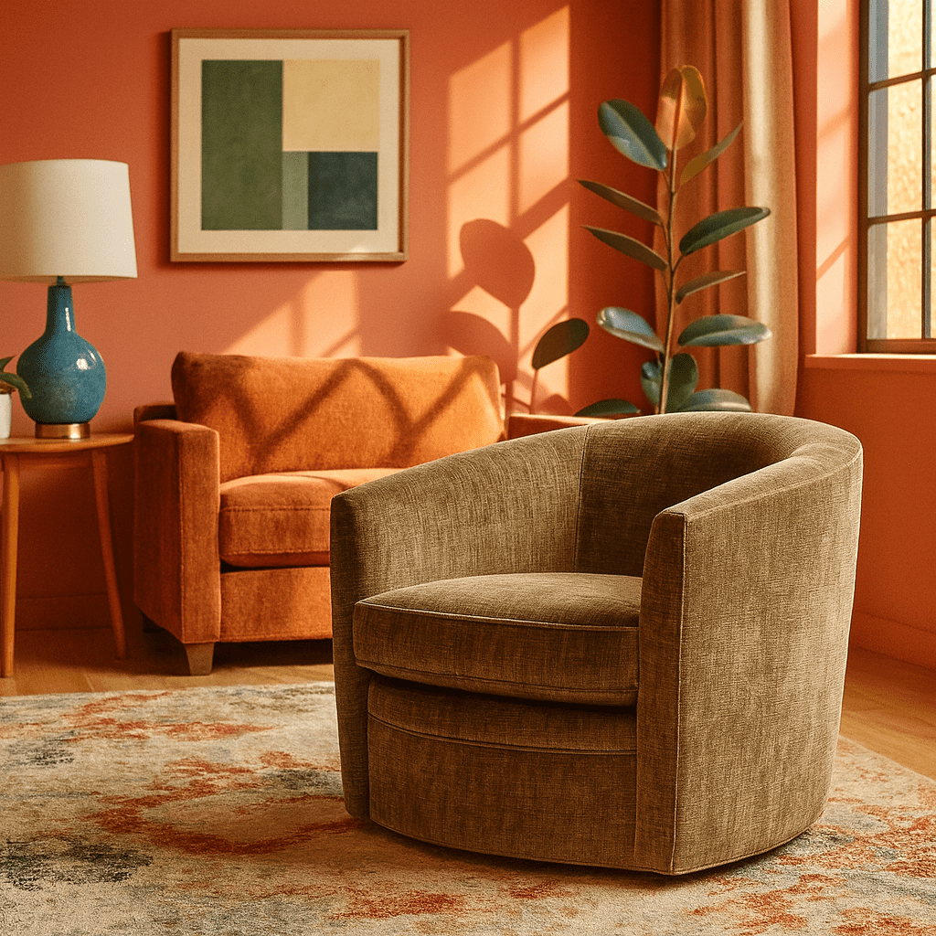 Baldwin Swivel Chair in Olive Mist lifestyle setting - barrel swivel chair by Rowe - Whats New Furniture Portland OR