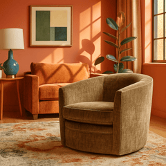 Baldwin Swivel Chair in Olive Mist lifestyle setting - barrel swivel chair by Rowe - Whats New Furniture Portland OR