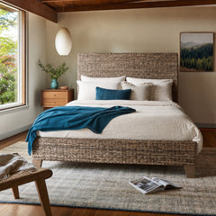 Banana Leaf Bed in Grey Wash Mango (King) styled in Portland Mt. Tabor mid-century daylight ranch bedroom - Whats New Furniture