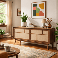 Barrali Sideboard in smoked oak detail view - smoked oak rattan sideboard - Whats New Furniture Portland OR