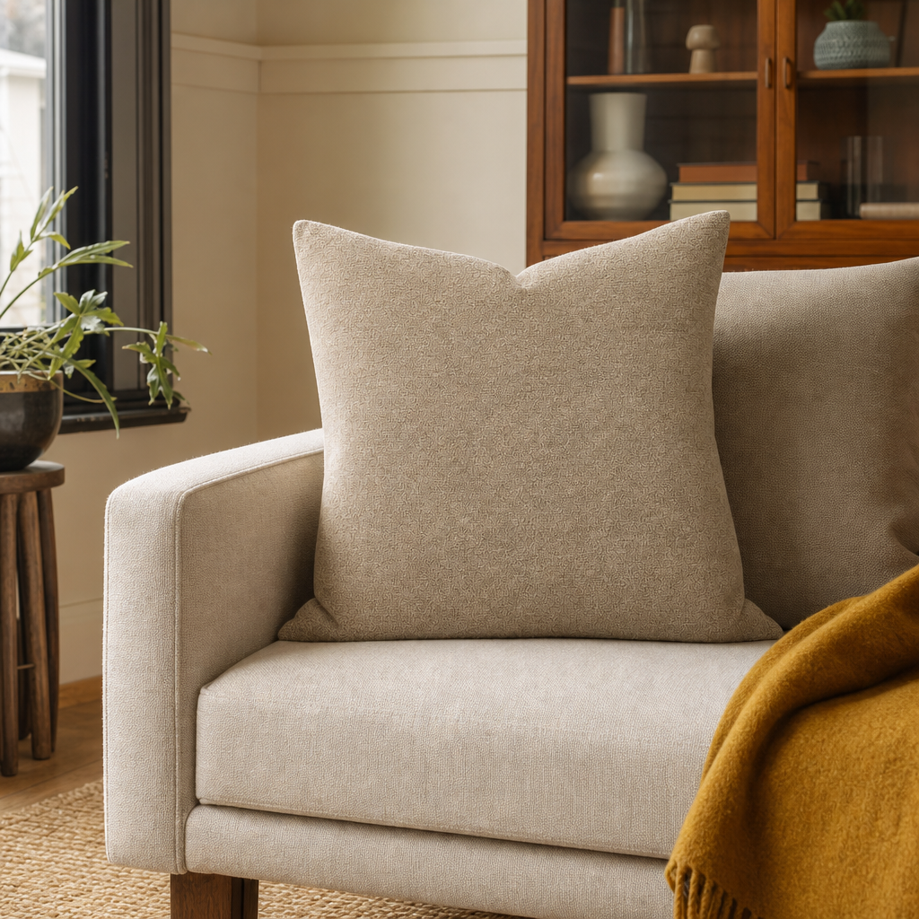 Beckett Fawn Chenille Throw Pillow styled in a Portland Hawthorne bungalow living room lifestyle - Whats New Furniture