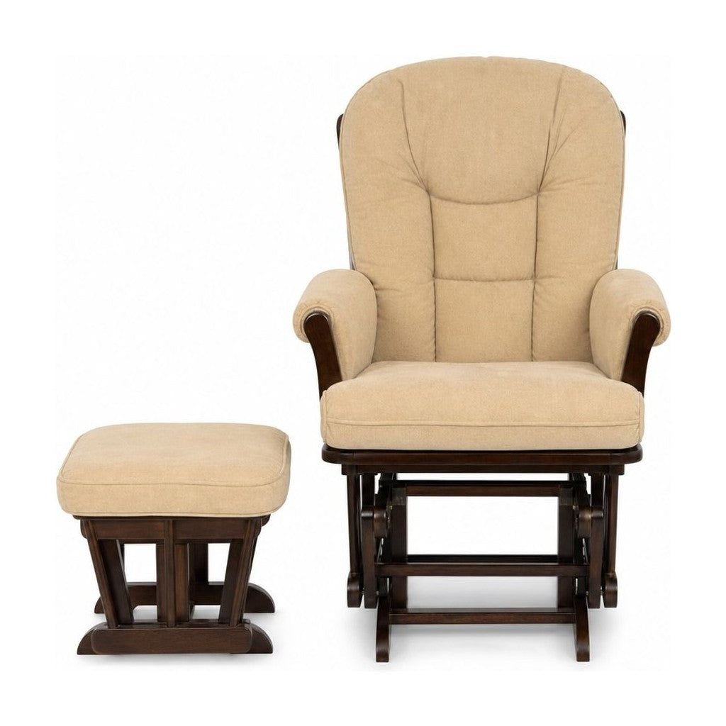 Beige nursery rocking glider with high padded back and wood glider base