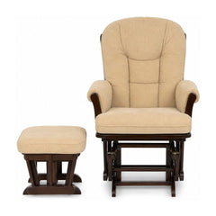 Beige nursery rocking glider with high padded back and wood glider base