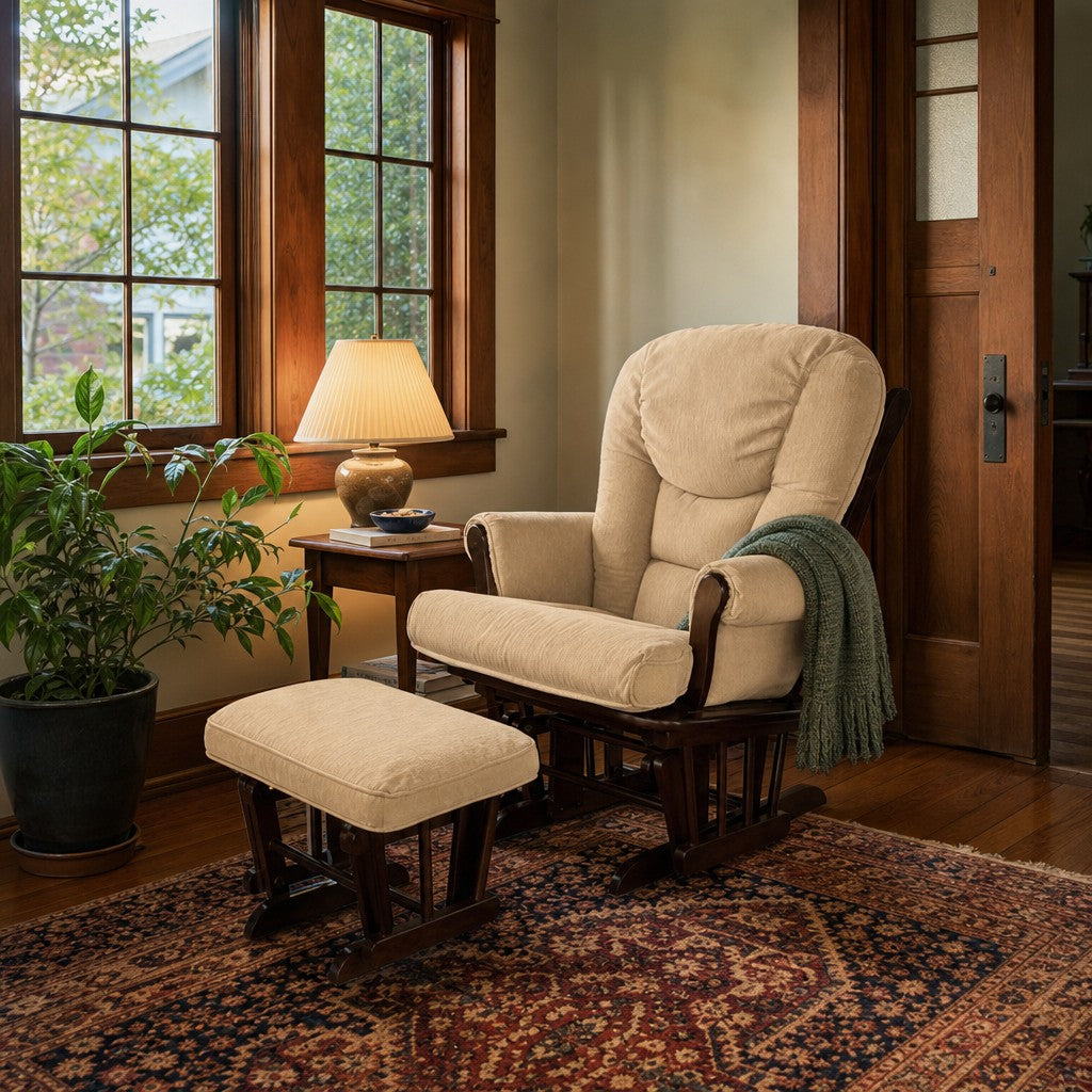 Beige nursery rocking glider with high padded back and wood glider base - detail view 1