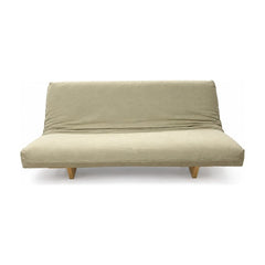 Beige futon sofa with a machine-washable cover and low rectangular silhouette.
