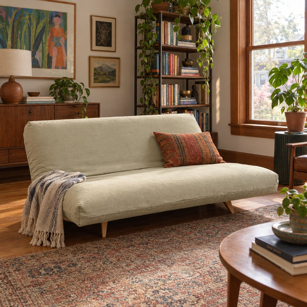 Beige futon sofa with a machine-washable cover and low rectangular silhouette. - detail view 1