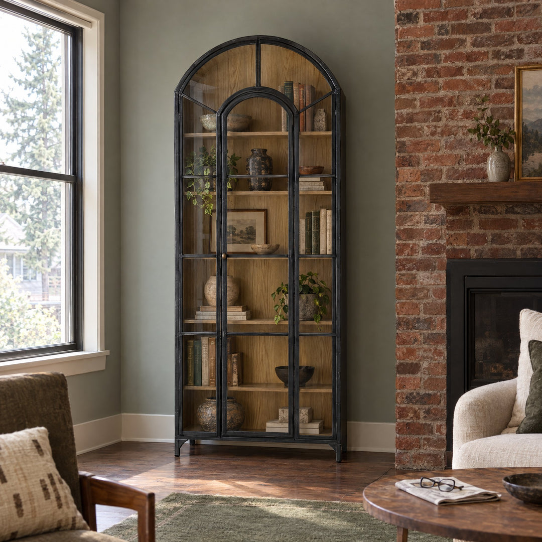 Belmont Cabinet in Black / Weathered Bronze / Light Oak Veneer styled in a Portland home - Whats New Furniture
