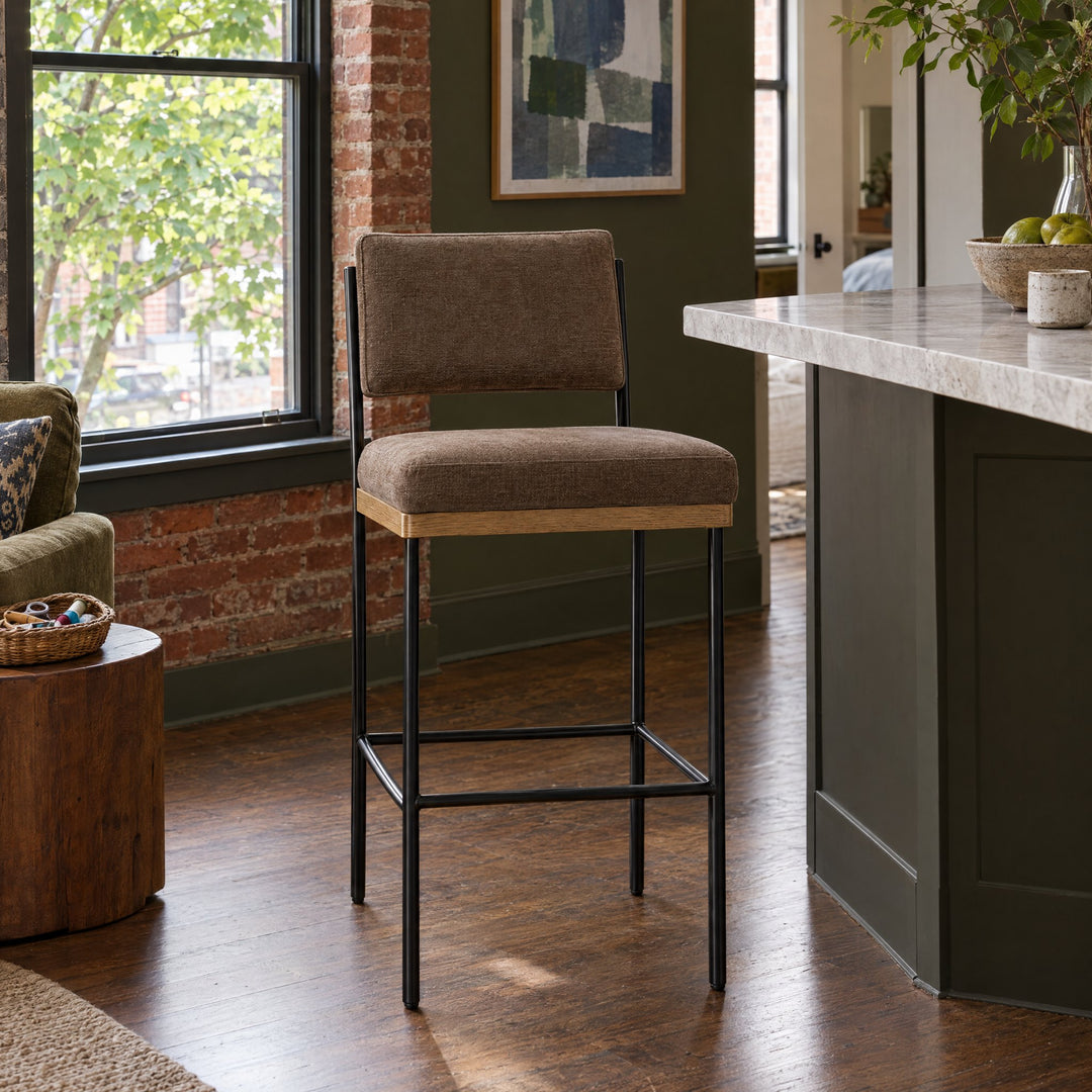 Benton Bar &amp; Counter Stool in Altair Mushroom styled in a Portland home - Whats New Furniture